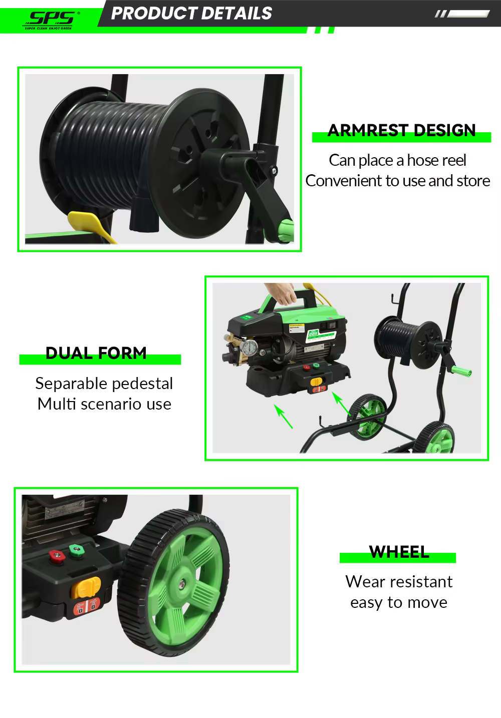 SPS 3000w Portable Automatic 2 in 1 Function 150Bar Car Wash Cleaner Two Wheel Trolley Car Cleaning Machine with 15m Hose Reel manufacture