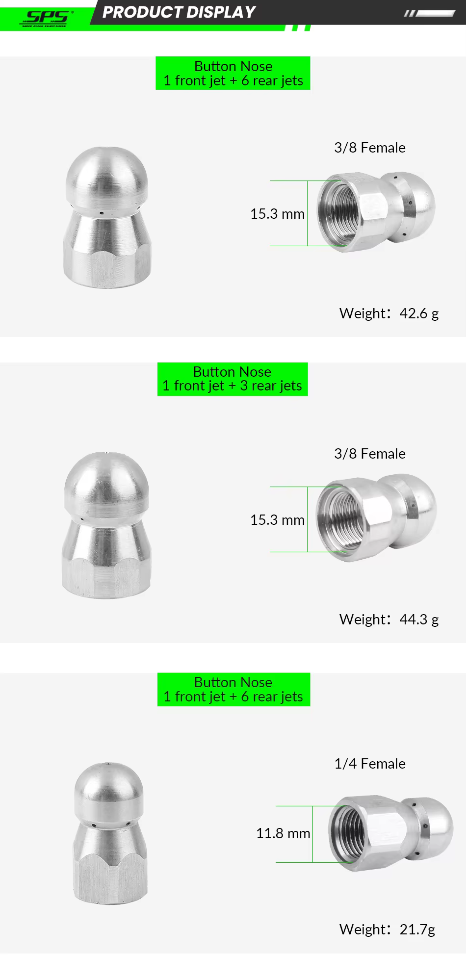 SPS 1/4 Female 3/8 Quick Plug Stainless Steel Sewer Jetting Nozzle Button Nose Pointed Nose Mushroom Nose Copper Inlay factory