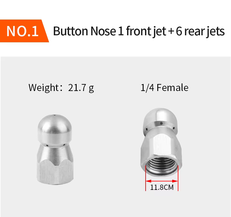 SPS 1/4 Inch Quick Plug Stainless Steel Sewer Jetting Nozzle Button Nose Copper Inlay Pointed Nose 1 Front Jet 6 Rear Jets details