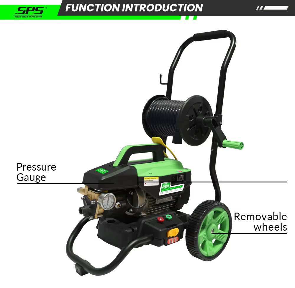SPS 3000w Portable Automatic 2 in 1 Function 150Bar Car Wash Cleaner Two Wheel Trolley Car Cleaning Machine with 15m Hose Reel manufacture