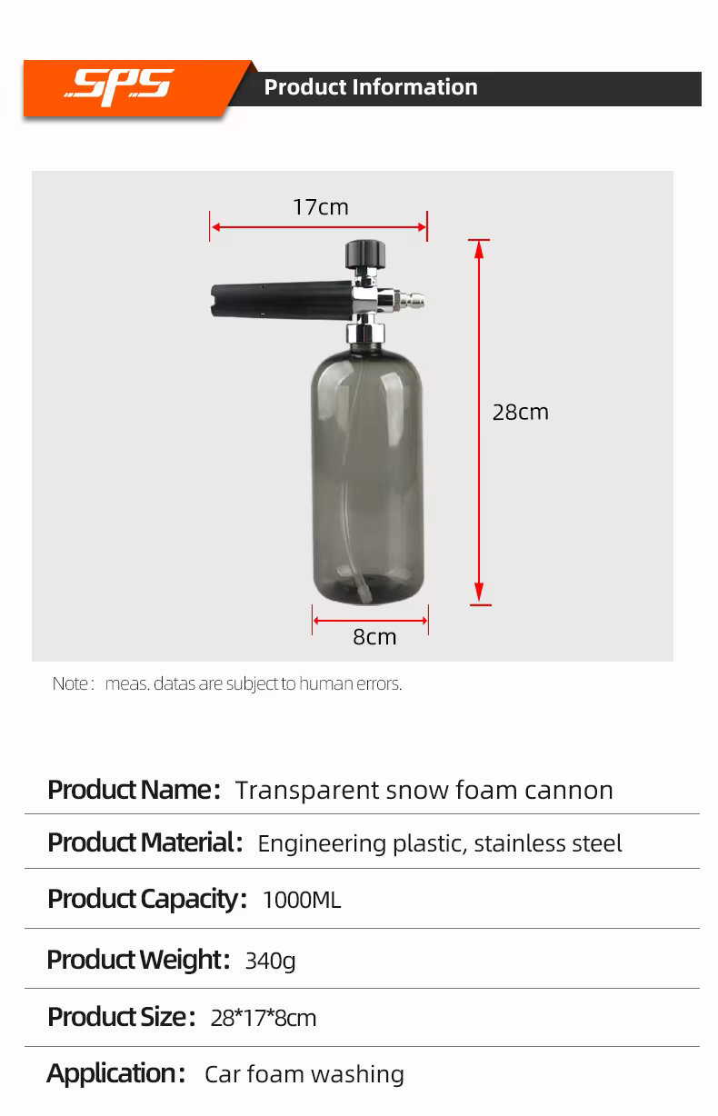 SPS 5000 PSI 1L Black Transparent Snow Foam Lance Blue Red Gray Snow Foam Cannon Nozzle Car Wash Foam Pot manufacture