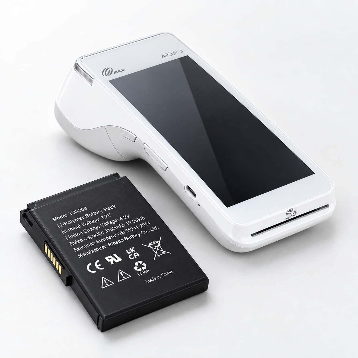 PAX A920 Pro terminal and YW-008 replacement battery.png
