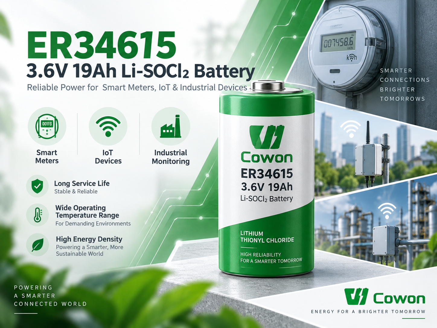 ER34615 3.6V 19Ah Li-SOCl2 Battery for Smart Meters & IoT
