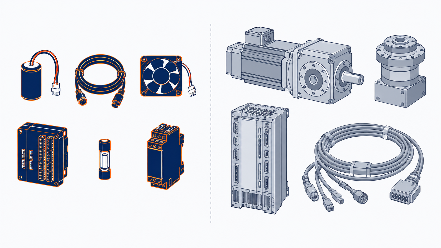 Robot spare parts divided into keep-on-hand small items and order-on-demand large assemblies