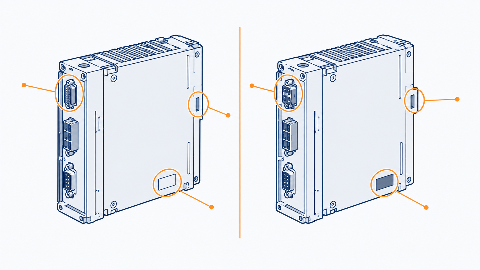 Two nearly identical robot modules side by side with three revision differences marked