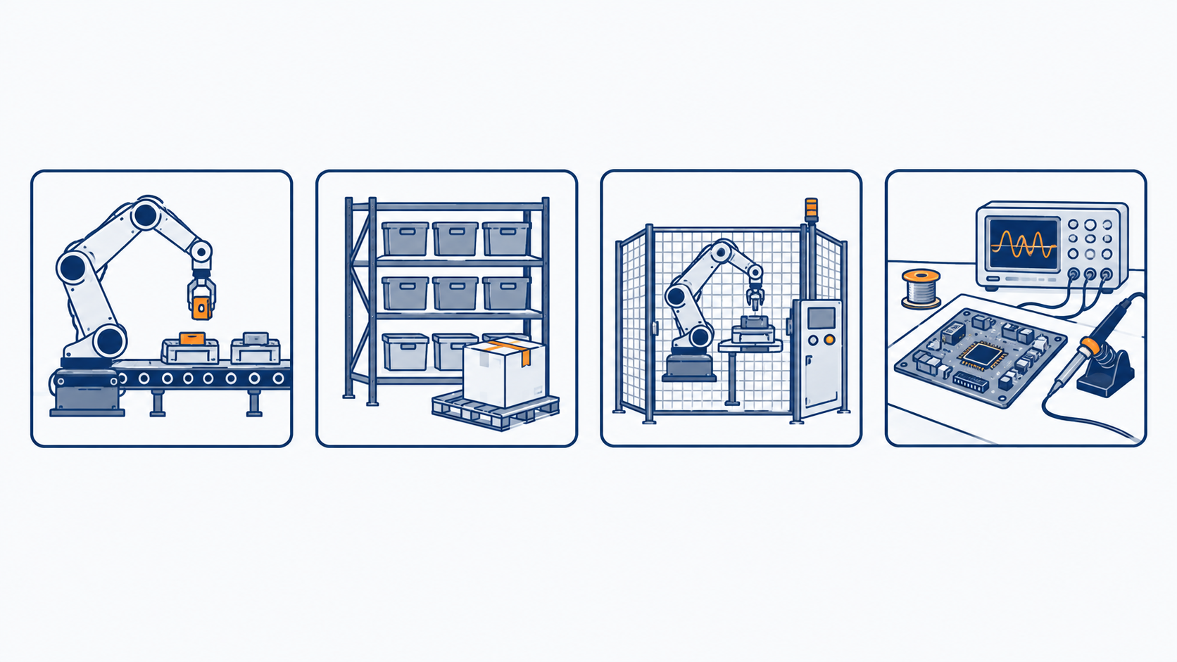 Four workplace scenes: plant production line, parts warehouse, integration cell, repair bench
