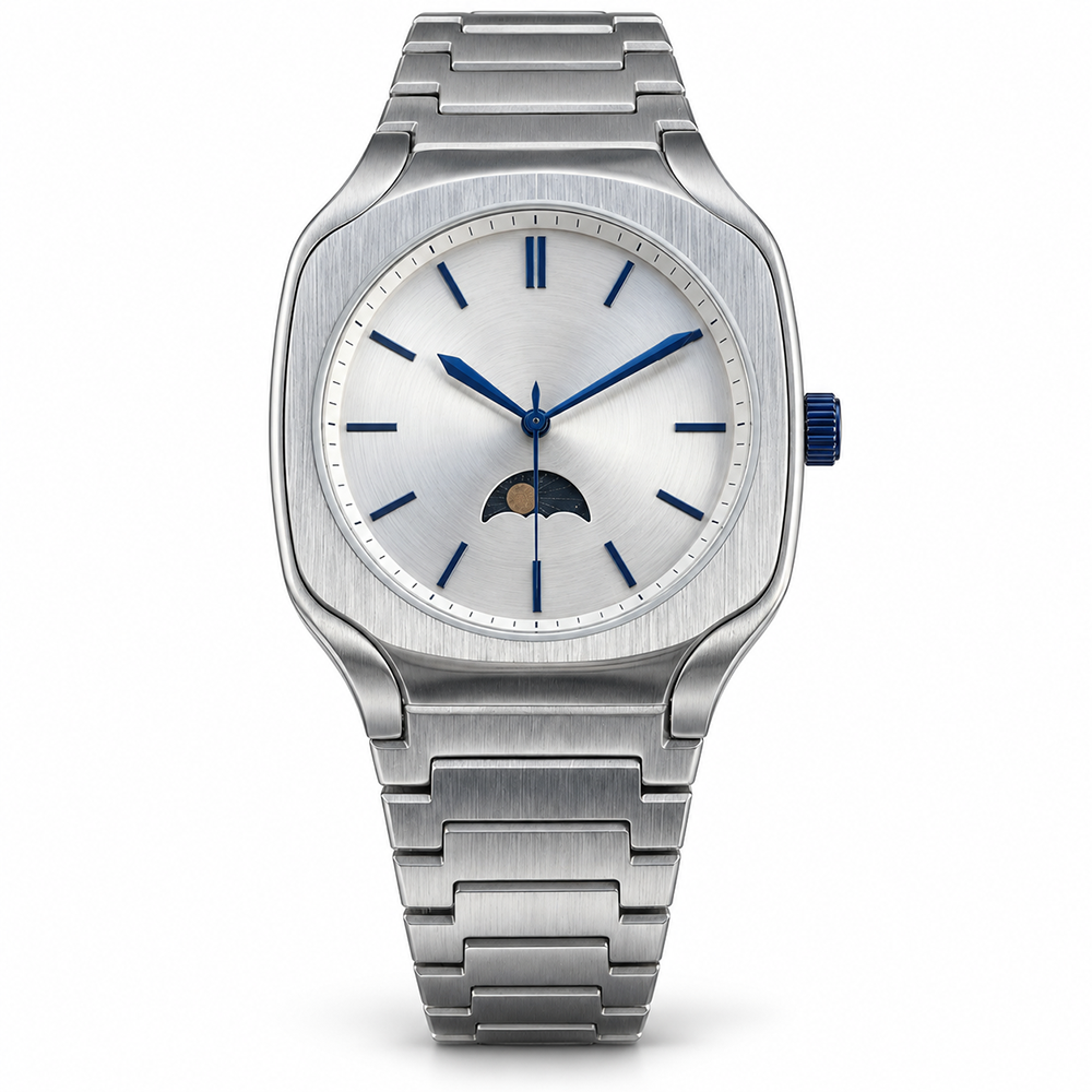 yx-s Moon Phase Watch for Men - Stainless Steel Silver Dial Wristwatch