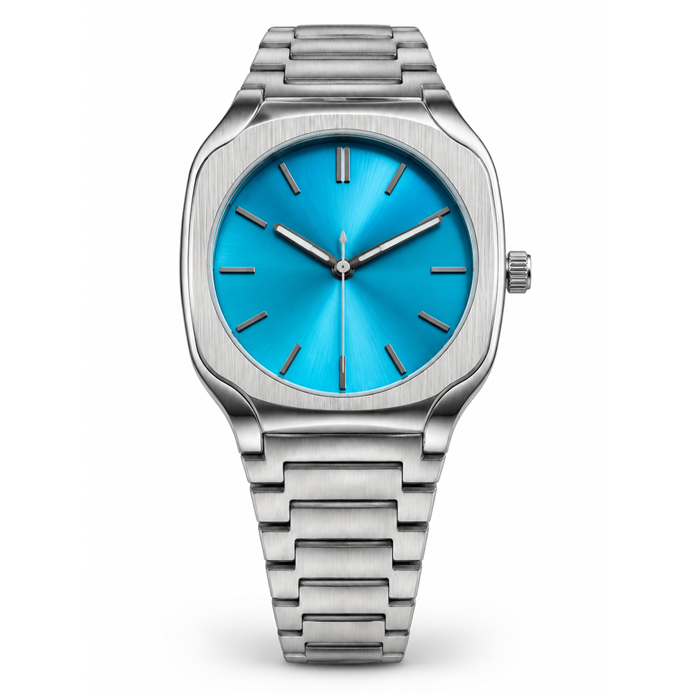 sz-b Sleek Square Watch Vivid Blue Sun Ray Dial Scratch Resistant Glass Japanese Movement Branded Stock