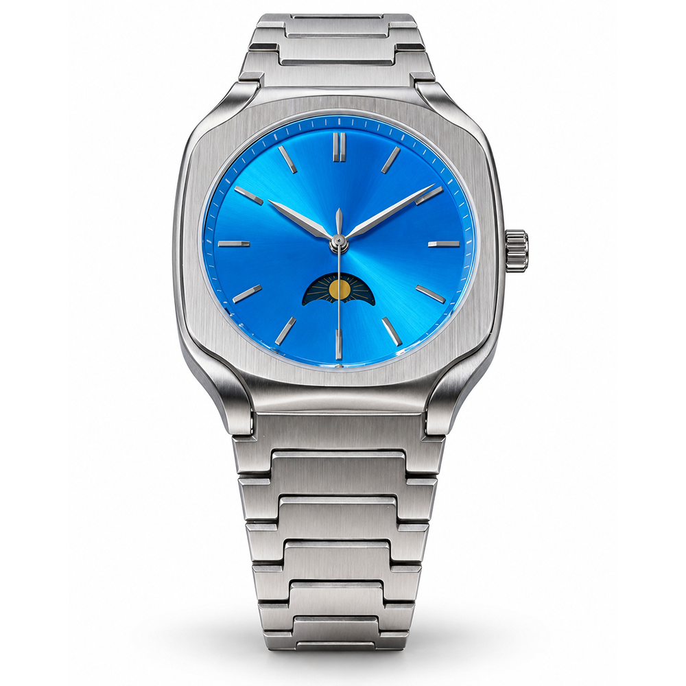 YX-BL Elegant Moon Phase Quartz Watch - Stainless Steel Blue Dial