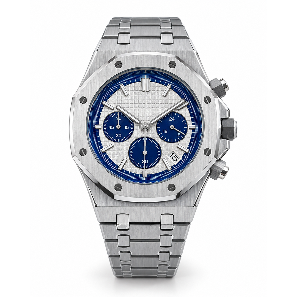 lz-b Chronograph Watch for Men Silver Blue Dial Stainless Steel Wristwatch