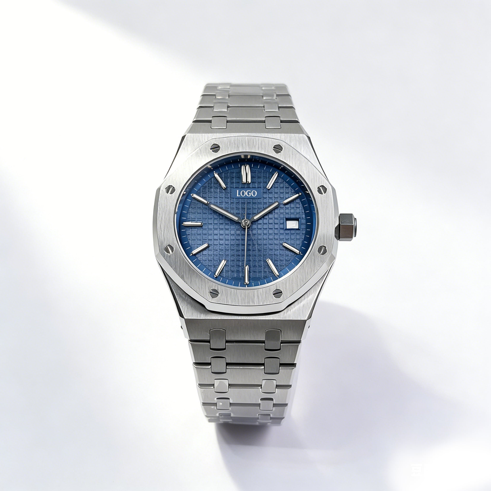 ab-bl Octagonal Screw Bezel Blue Grid Dial Men's Stainless Steel Quartz Watch with Sapphire Crystal Wholesalel