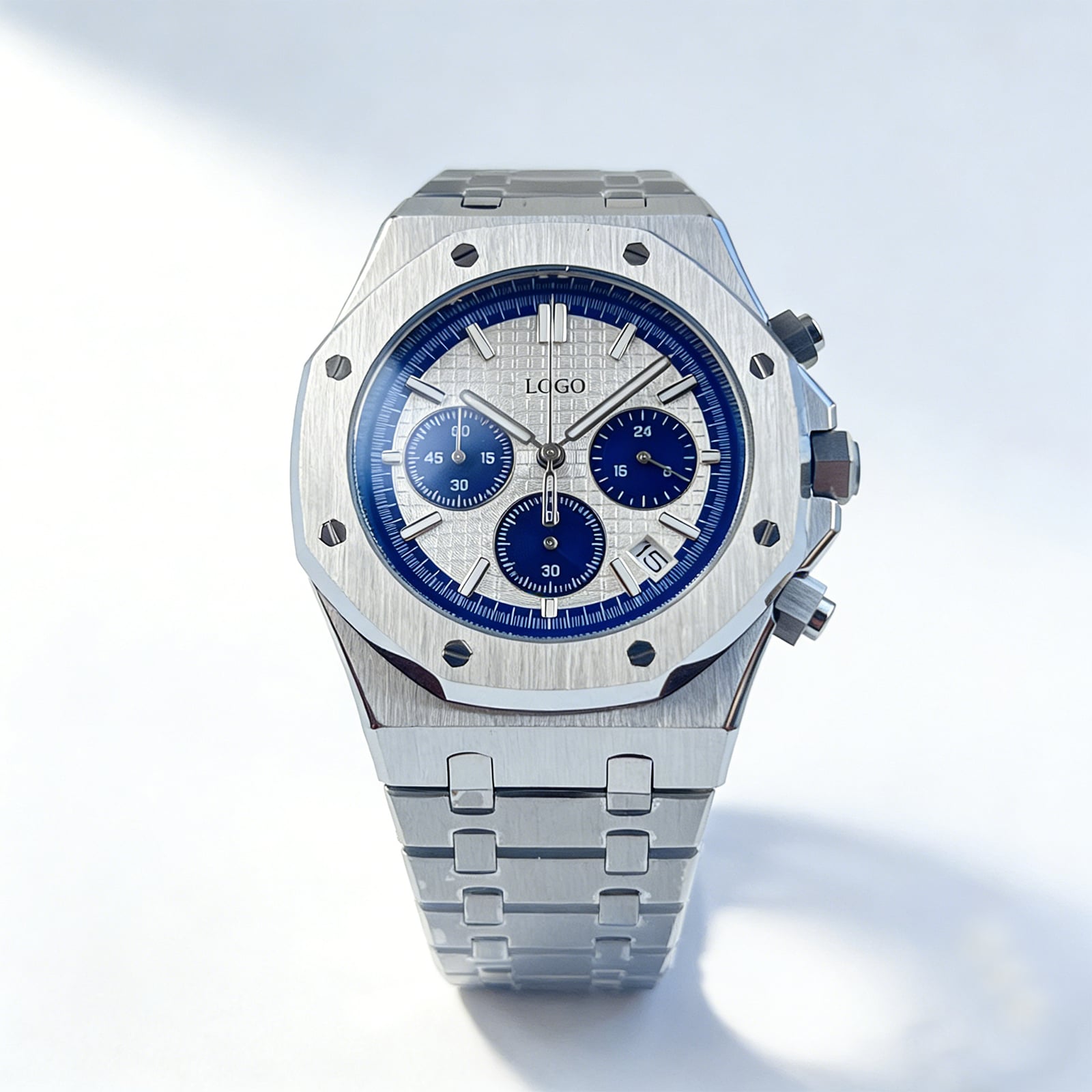 lz-b Chronograph Watch for Men Silver Blue Dial Stainless Steel Wristwatch