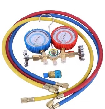 Professional Refrigerant Manifold Set, High Precision HVAC Pressure Gauge Kit, Color Coded Hoses Brass Fitting Manifold Gauge Set for Air Conditioner Refrigeration Charging and Leak Testing
