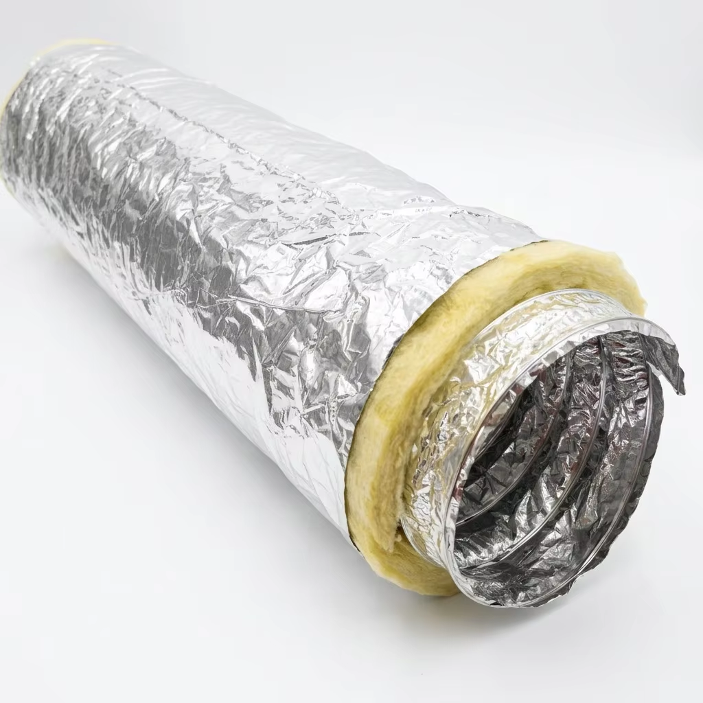 Insulated HVAC Flexible Duct | Aluminum Foil Vapor Barrier | Fiberglass Insulation | Steel Wire Helix Core | Thermal & Acoustic Air Ducting