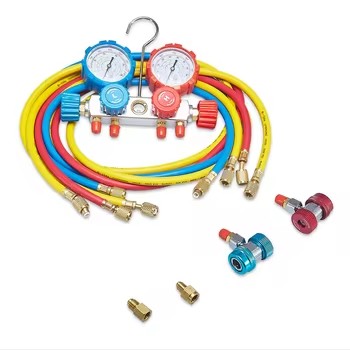 Professional Refrigerant Manifold Set, High Precision HVAC Pressure Gauge Kit, Color Coded Hoses Brass Fitting Manifold Gauge Set for Air Conditioner Refrigeration Charging and Leak Testing