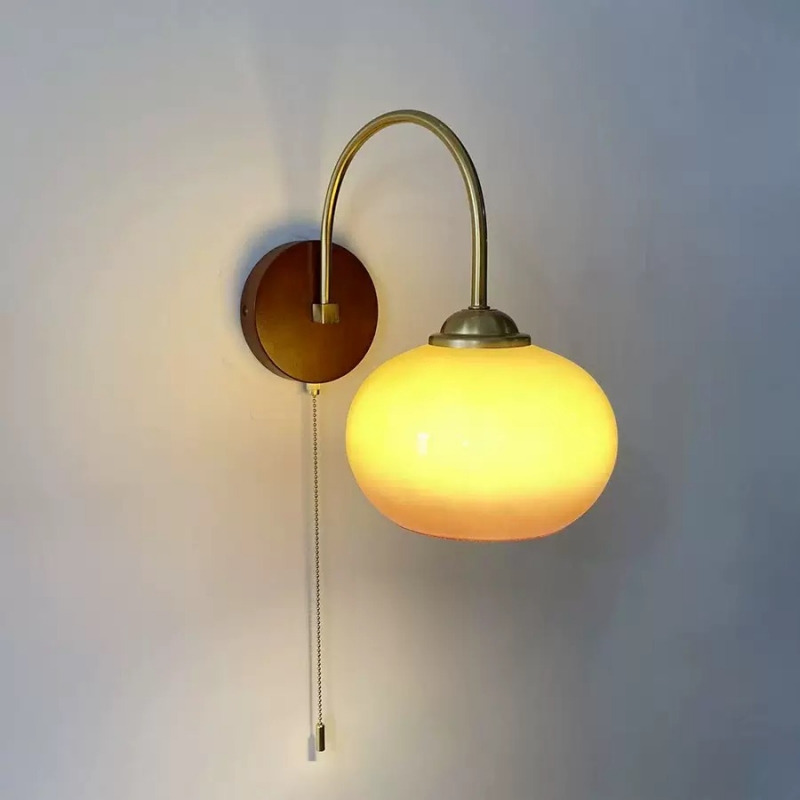 Vintage Glazed Glass Shade Wooden Base wall lamp for Bedroom Hallway Corridor
