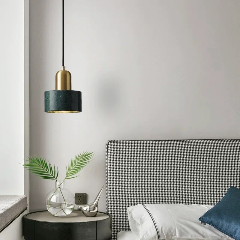 Nordic Light Luxury Copper Round Marble Dining Room Bedroom LED Pendant Light