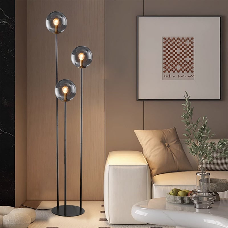 Modern Three Globe Floor Lamp Metal Glass Foot Switch Warm White for Home Decor