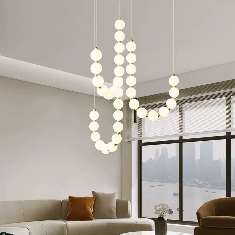 Modern Pearls Necklace Gold Chandelier Ceiling Light U-Shaped Pendant Light with White Globe Acrylic Shade for Dining Room