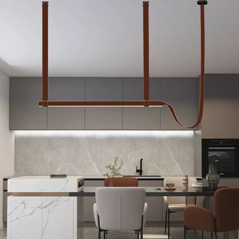 New Modern Artistic Hotel Leather Belt Ceiling Hanging Decoration Design Living Dining Room Linear Led Chandelier Pendant Light