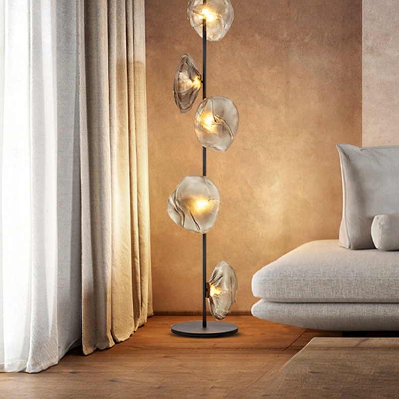 Modern Textured Glass Floor Lamp Metal Column Foot Switch for Home Decor