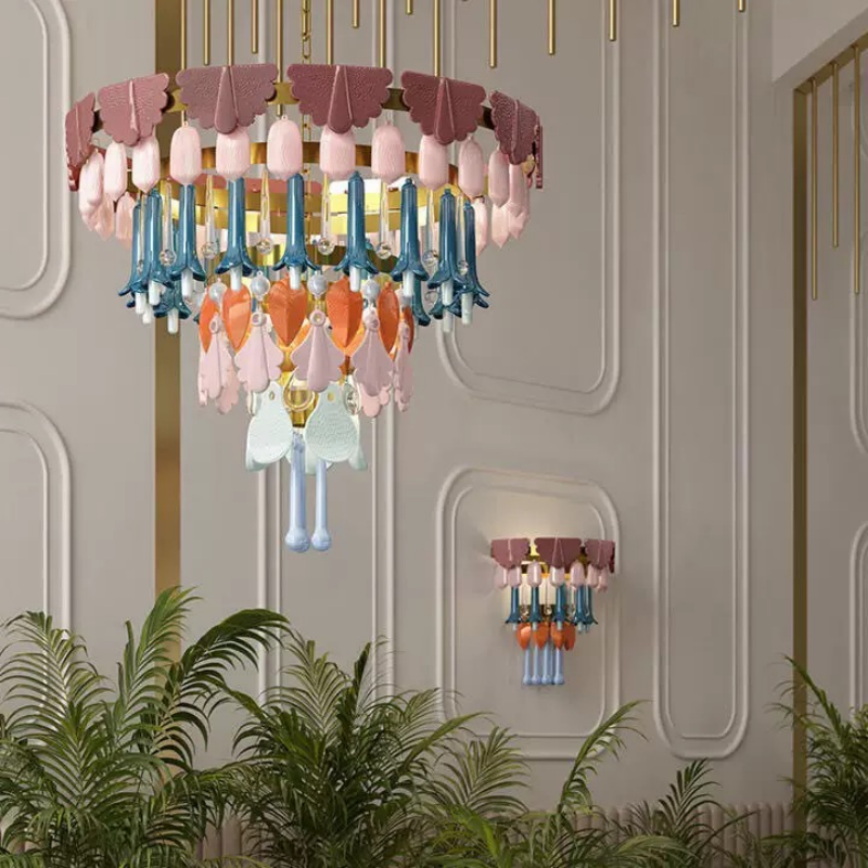 Custom Romantic Dining Room Creative Retro Farmhouse Ceramic Macaron Modern Chandelier for High Ceilings Warm Decorative Light