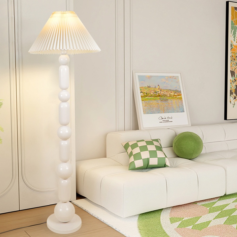 Cream Style Beaded Iron Fabric Pleated LED Floor Lamp for Home Decor