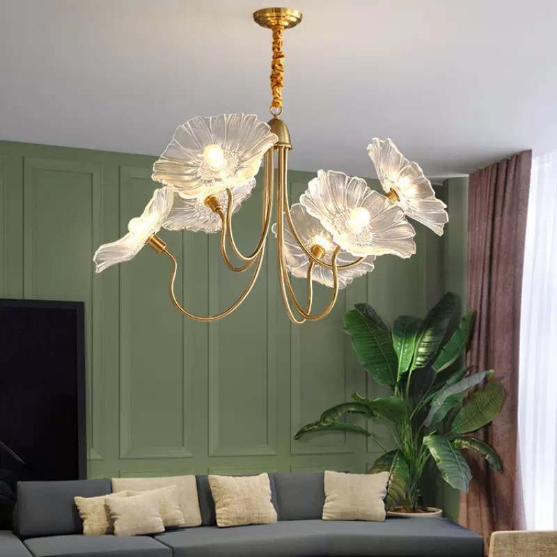Antique Sunflower Gold LED Pendant Light Modern Ancient Chinese Style Hanging Lamp Clear Glass for Home Chandelier