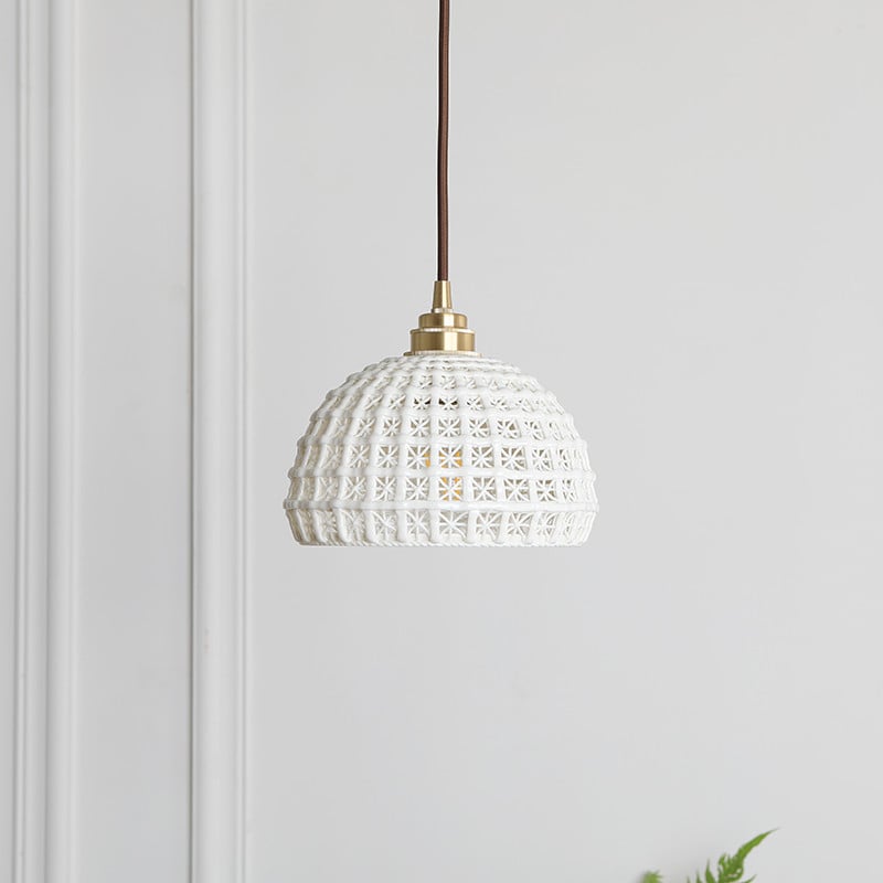 Nordic Brass Ceramic Hollow Semi-circular Decorative Pendant Light for Bed Room