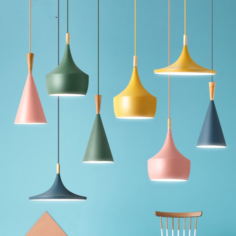 Nordic Restaurant Macaron Iron Lampshade Wood Decoration Hanging Pendant Light