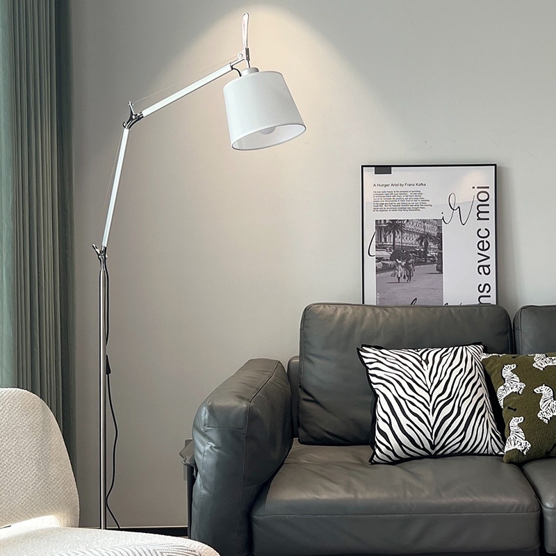 Adjustable Swing Arm Iron Fabric Cylinder LED Floor Lamp for Reading Decor