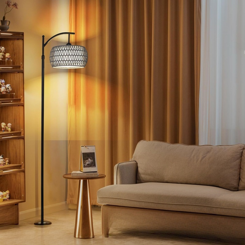 Adjustable Black Hemp Rope Metal Floor Lamp for Sofa Side Decor