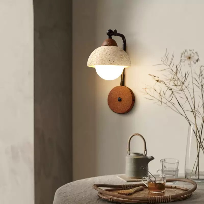 Retro Pinecone-Shaped Wall Lamp in Natural Stone and Wood for Restaurant Hotel Living room Bedroom Hallway