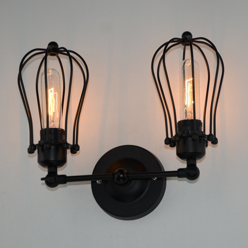 American Retro Industrial Style Double Headed Pear Shaped Iron Cage Wall Lamp for Living Room Dining Room Bedroom