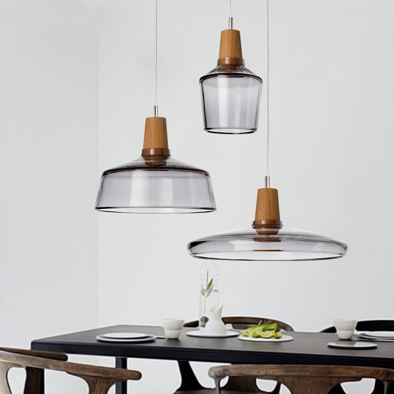 Nordic Restaurant Glass Shade Cognac Smoke Solid Wood Decorative Decorative Ceiling Lamps 