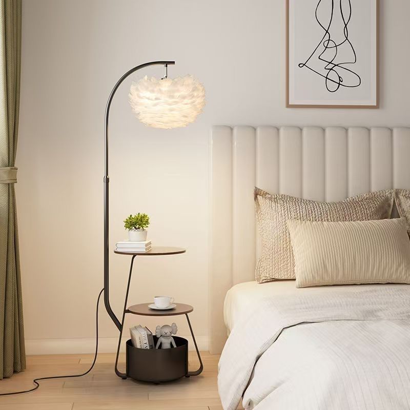 Feather Shade Iron Wood LED Floor Lamp with Side Tray for Home Decor