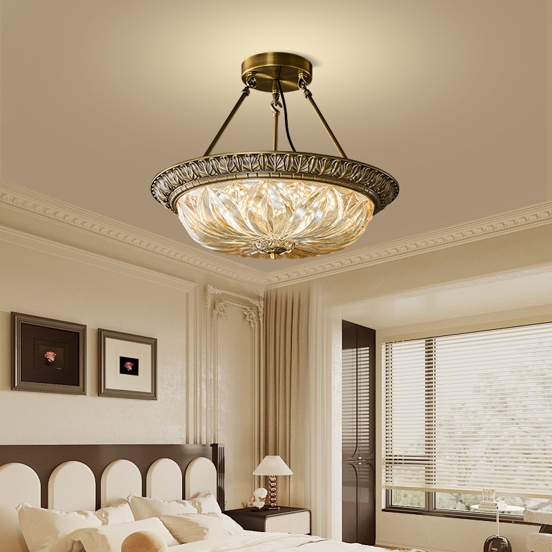 Đèn trần bán chìm LED bằng kim loại đồng cổ và thủy tinh, điều chỉnh độ sáng ba màu