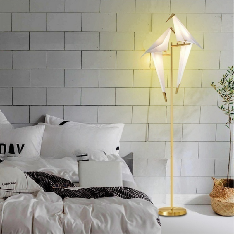 2-head Paper Crane Gold Iron PP LED Floor Lamp for Living Room Bedroom Decor