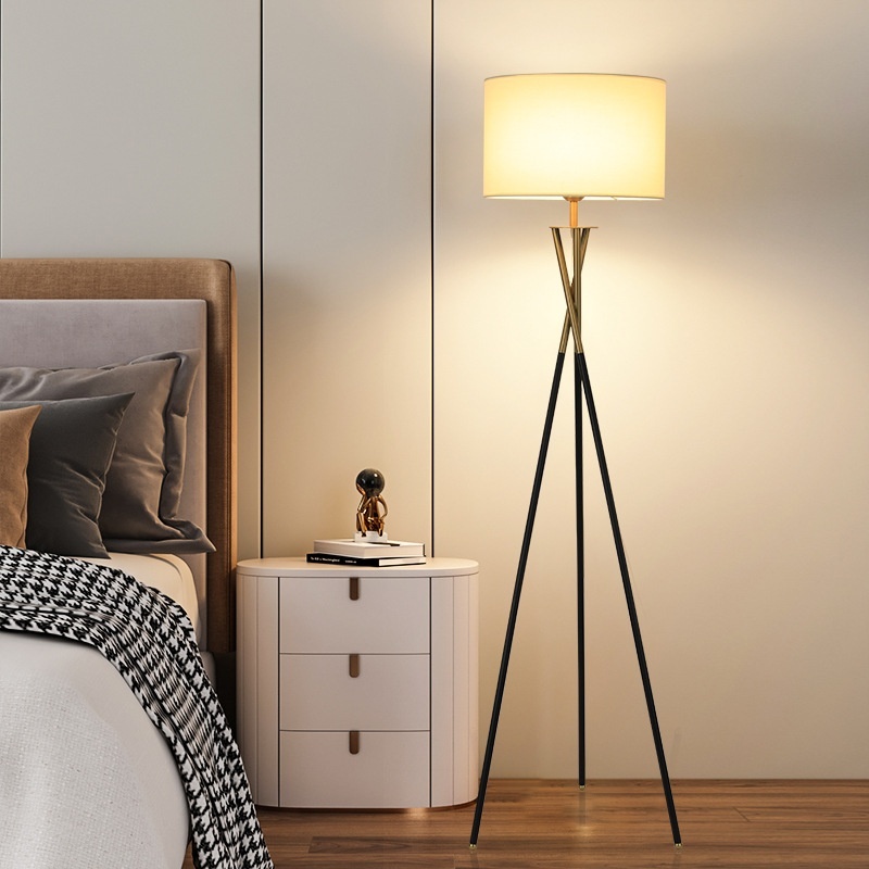Modern Tripod Black Gold Floor Lamp Fabric Shade Foot Switch Warm White Light