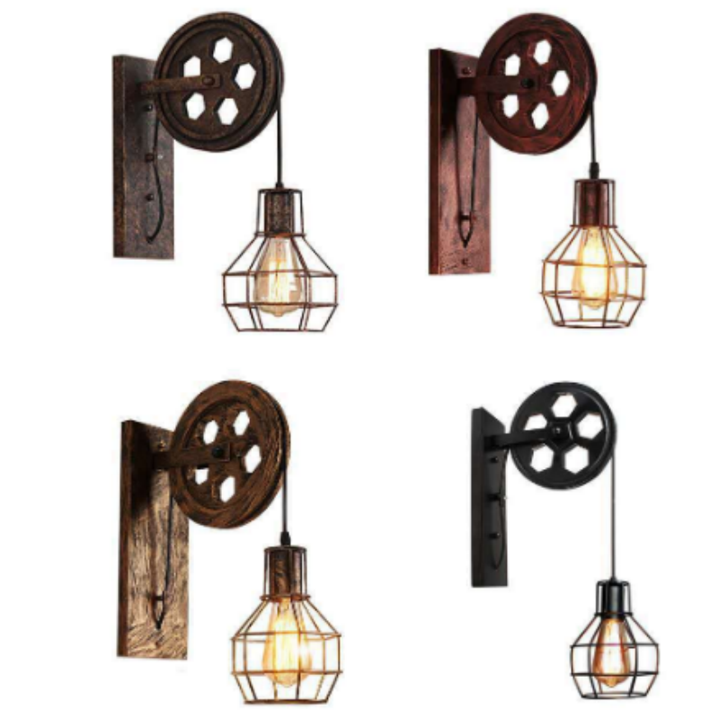 American Loft Industrial Style Iron Cage Creative Wrought Iron Pulley Lamps Wall Mounted