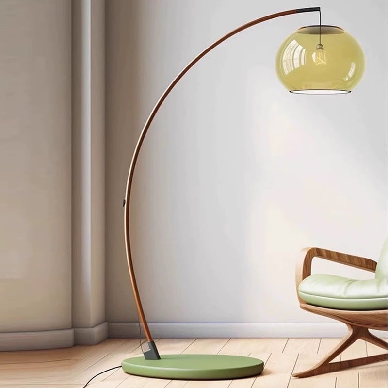 Wood Iron Glass Globe Arc LED Floor Lamp for Living Room Sofa Side Home Decor