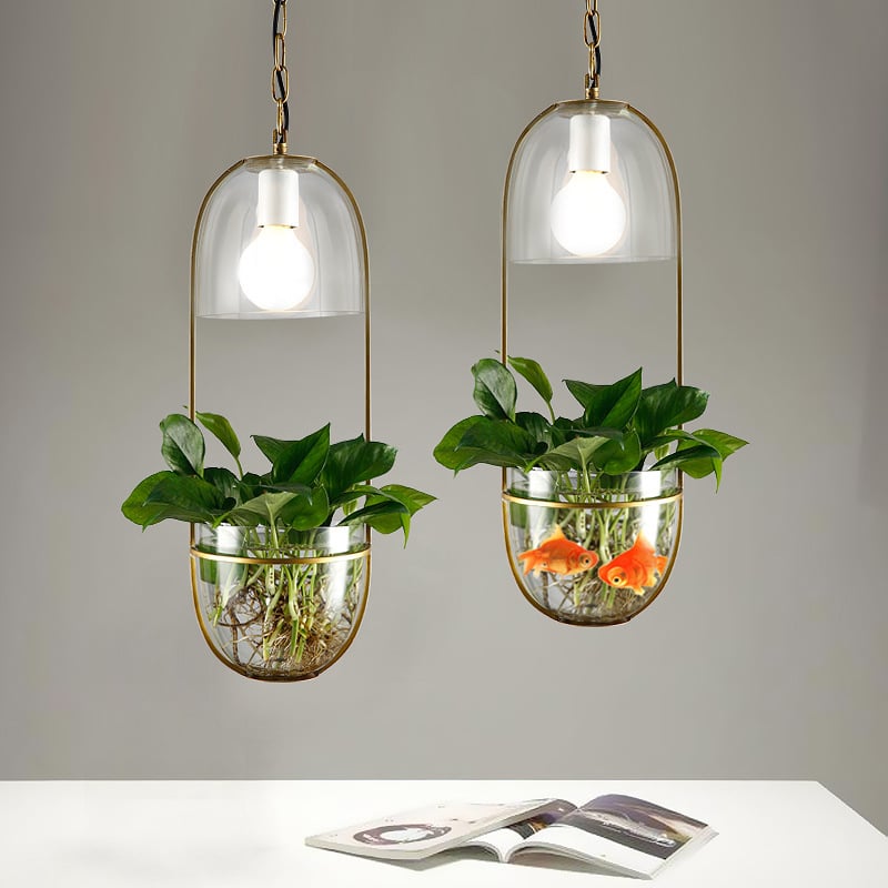 Lámpara colgante nórdica con cubierta de vidrio y planta, estilo rústico, en hierro forjado, para restaurante