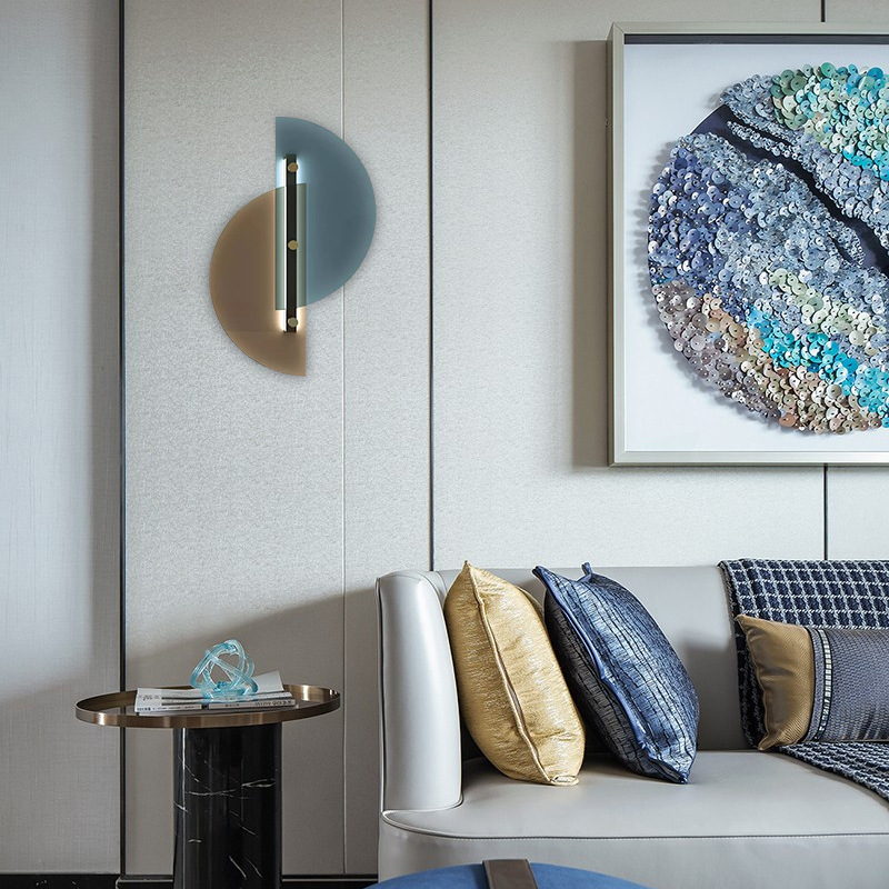 Post Modern Blue-Yellow Glass Wall Lamp Sconces for Interior Decoration Semicircle Design