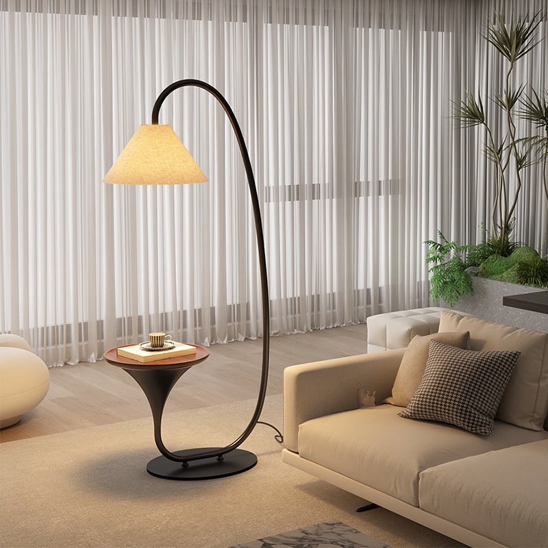 C-shaped Iron Fabric Wood Floor Lamp with Side Tray for Sofa Decor