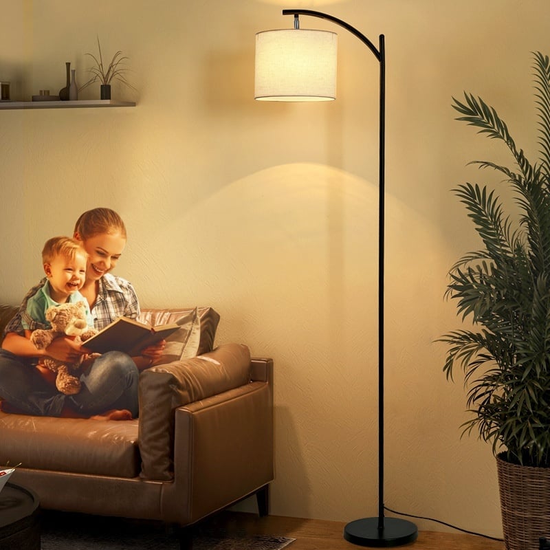 Modern Arc Black Metal Floor Lamp Fabric Shade Foot Switch Warm White Light