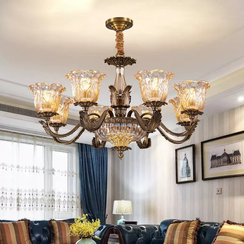 Lampadario in rame americano a LED, dorato, per soggiorno, lampade a sospensione regolabili in altezza, stile retrò e tradizionale