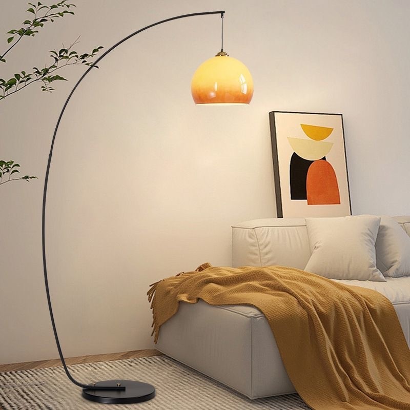 Arc Curved Iron Glass Amber LED Floor Lamp for Living Room Sofa Side Decor