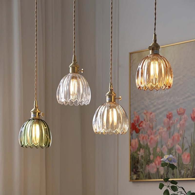 Japanese Retro All Copper Glass Flower Single Head Restaurant LED Pendant Light