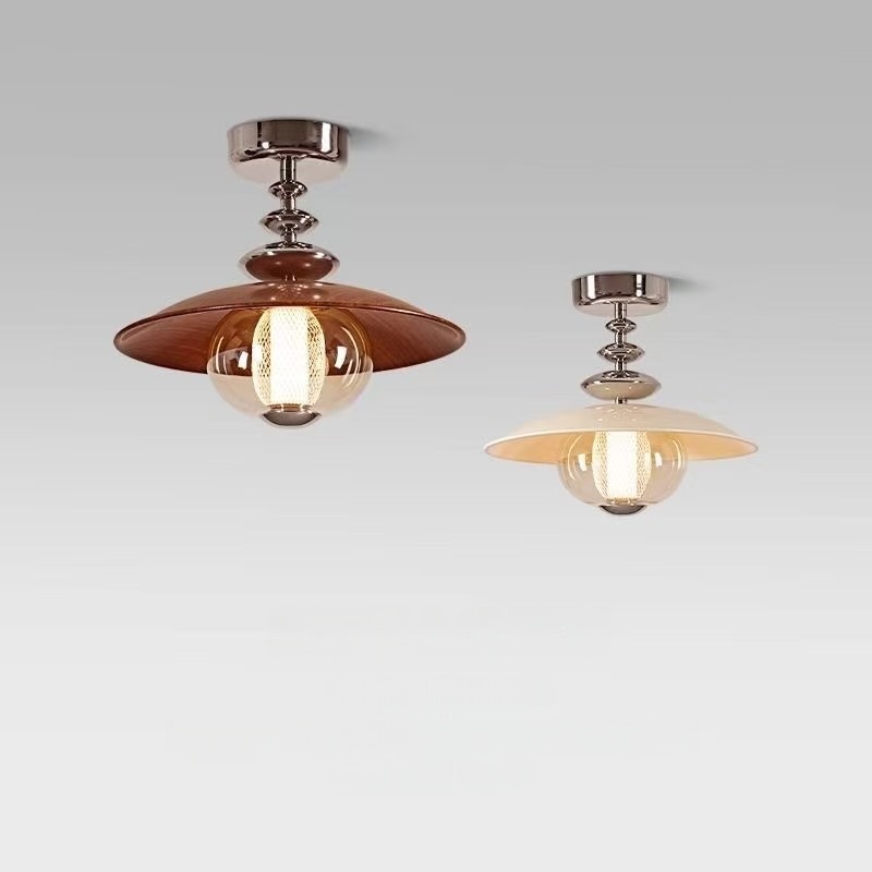 Đèn trần gắn nổi LED kết hợp gỗ óc chó, kính và kim loại, điều chỉnh độ sáng ba màu