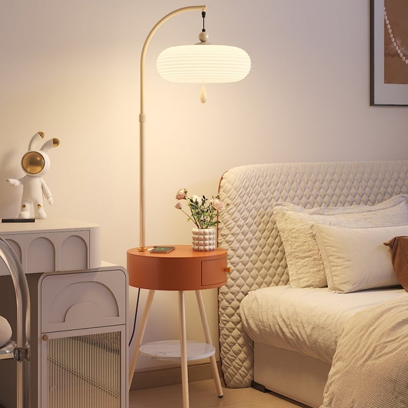 Vintage Pleated Iron Wood LED Floor Lamp with Storage Tray for Home Decor
